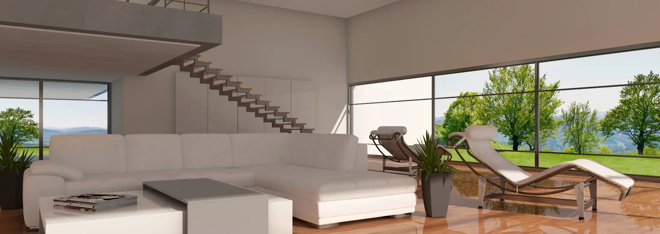 Malerarbeiten in Ober-Ramstadt: frisch renoviertes Loft, glänzender Parkett Boden, weiß und grau gestrichene Wände, Decke und Empore, große Fensterfronten mit Blick ins Grüne, wenig Mobiliar im Innenraum, dadurch viel von Gestaltung des Raumes sichtbar.